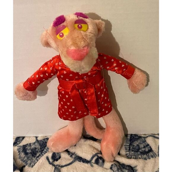 Vintage The Pink Panther Plush 12” w/ Red Slik Heart Robe - Picture 1 of 7